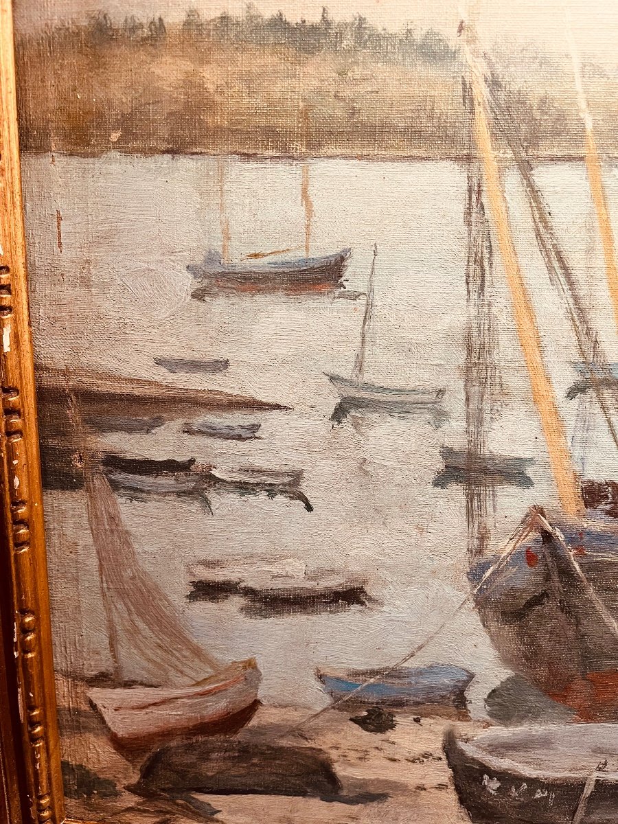 Bateaux Au Mouillage Par M Moisset - Huile Sur Toile-photo-6