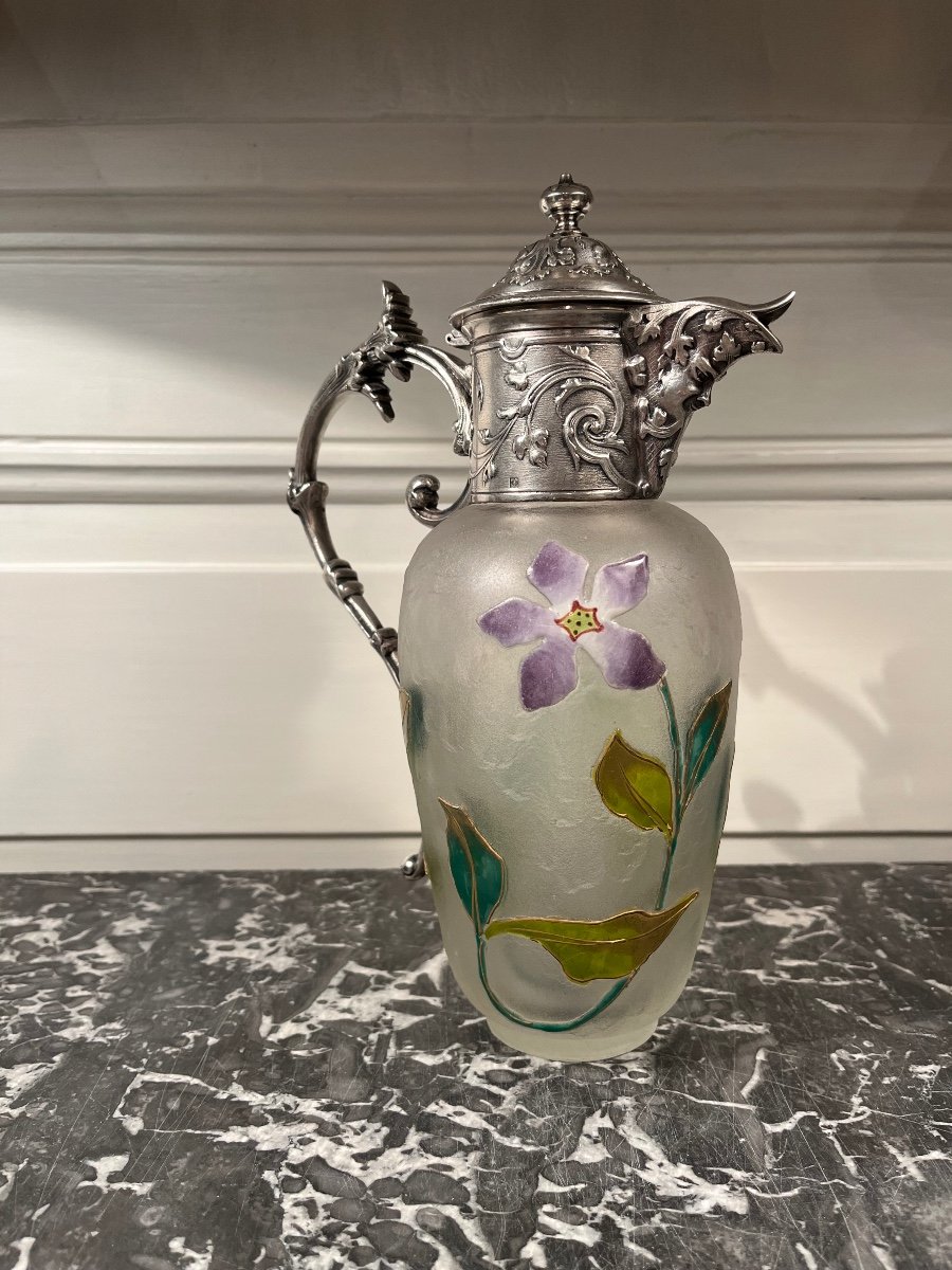 Aiguière En Pâte de verre et métal argenté Art Nouveau -photo-2