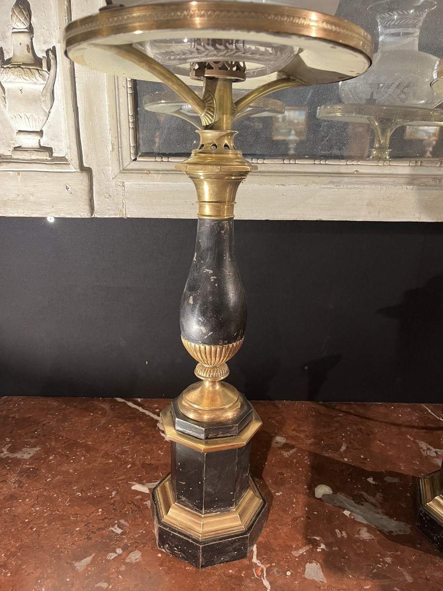 Pair Of Carcel Lamps In Painted Sheet Metal And Crystal -photo-3