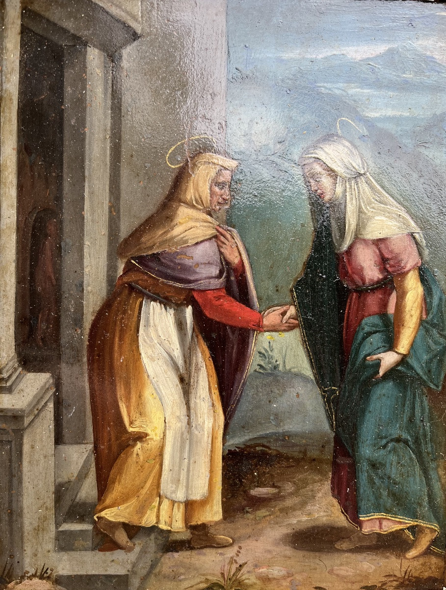 La Visitations de Marie à Élisabeth -  huile sur cuivre  École Flamande -photo-1