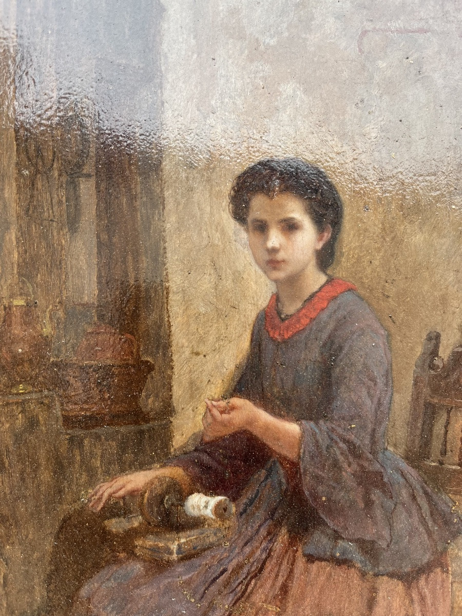 Huile sur panneau - la jeune fille à l’aiguille XIXe-photo-3