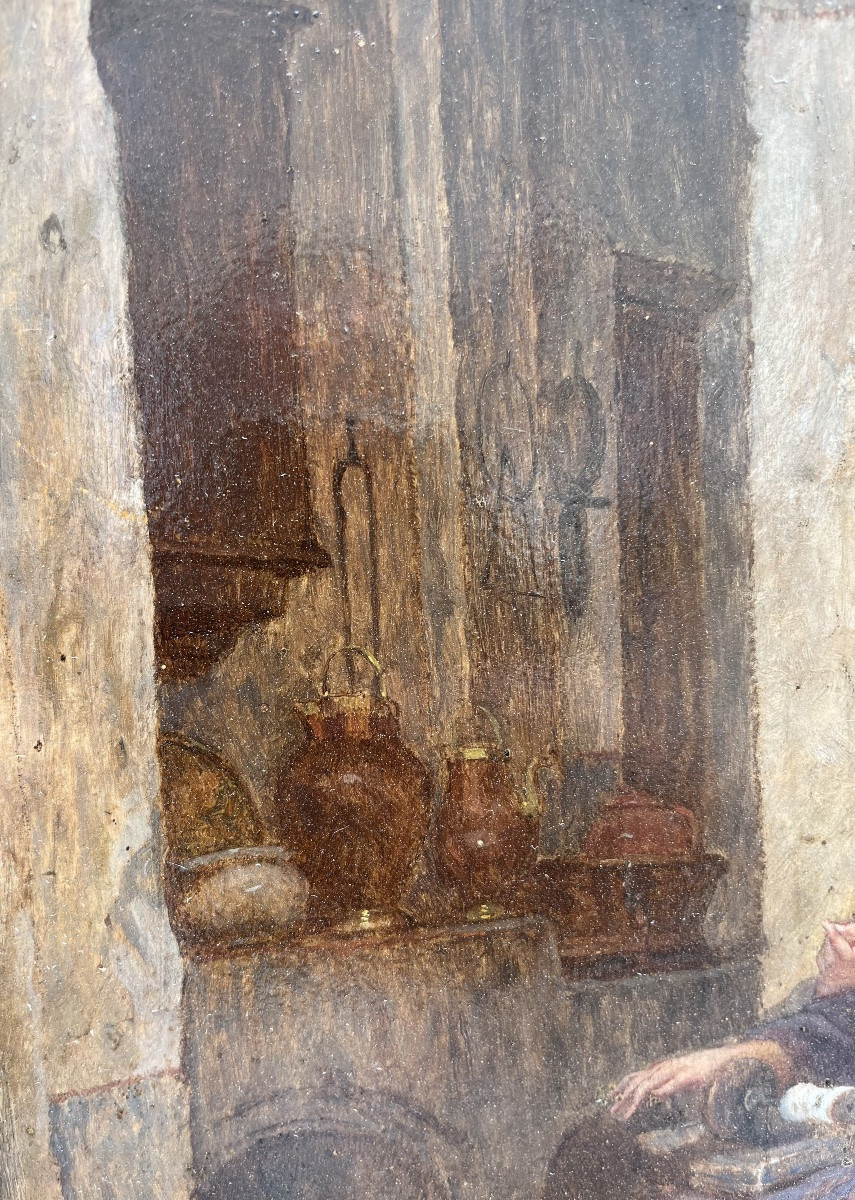 Huile sur panneau - la jeune fille à l’aiguille XIXe-photo-4