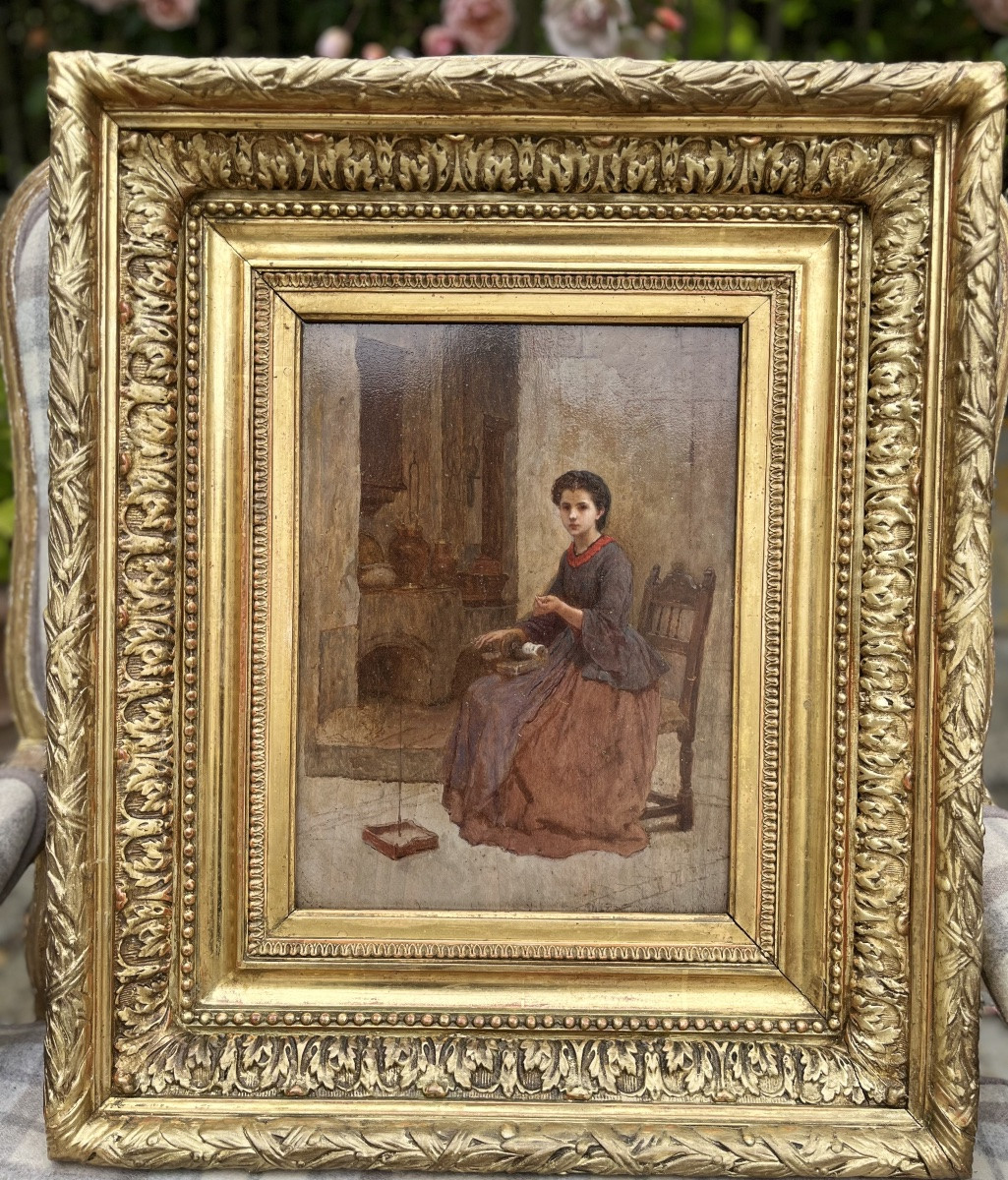 Huile sur panneau - la jeune fille à l’aiguille XIXe-photo-6