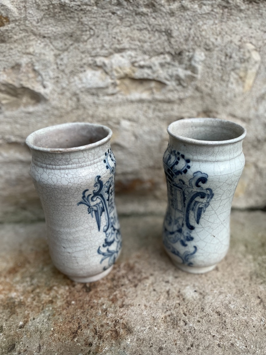 Pair Of Talavera Ceramic Albarellos, Spain, 18th Century-photo-2