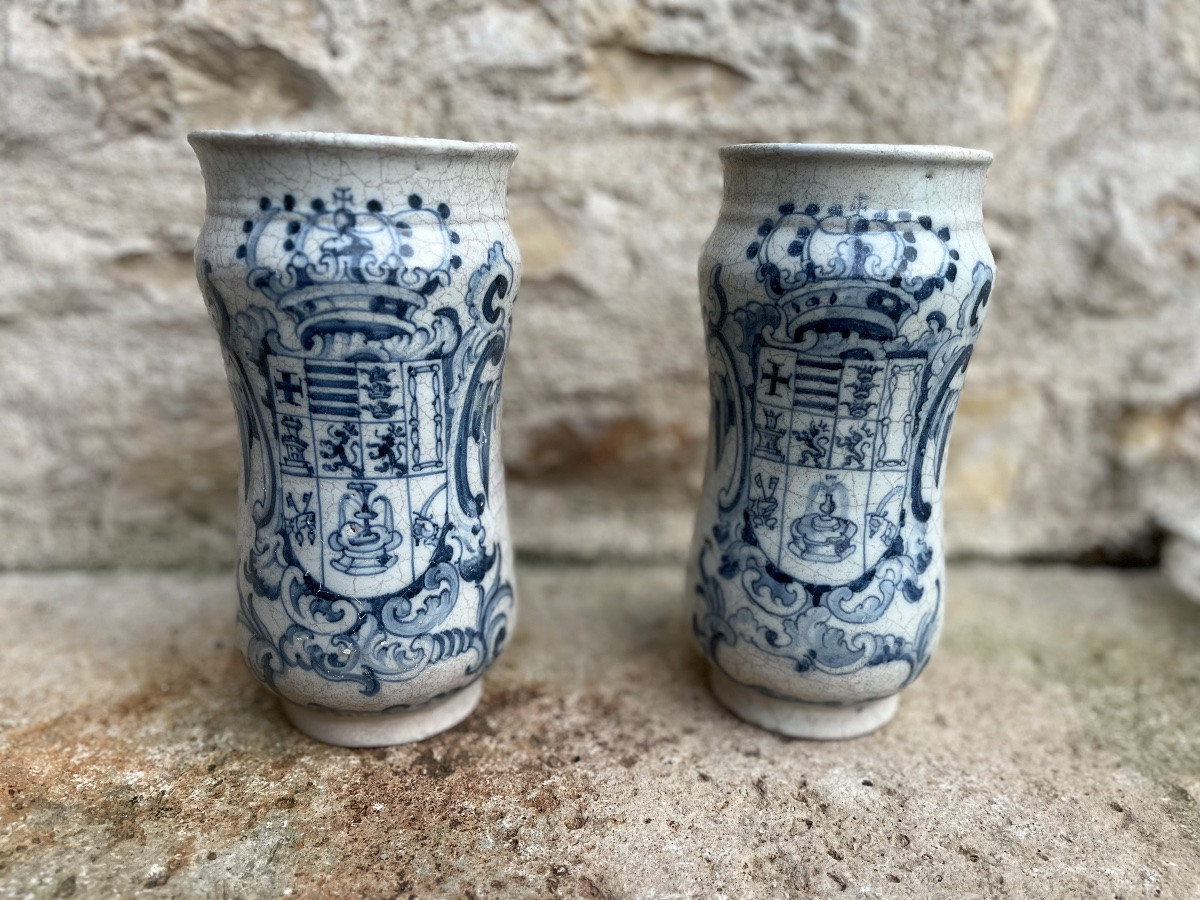 Pair Of Talavera Ceramic Albarellos, Spain, 18th Century-photo-2