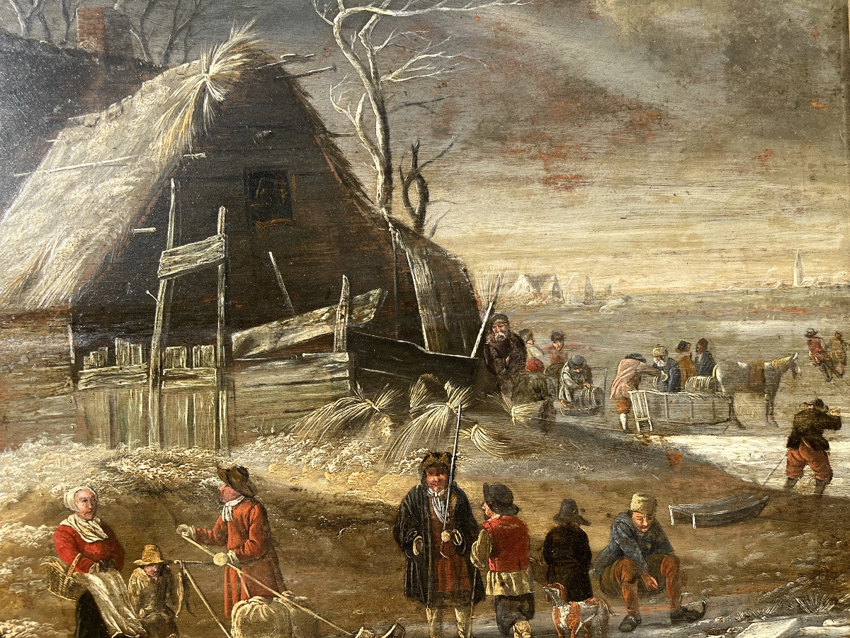 Winter Landscape With Skaters - Oil On Panel 17th Century-photo-4