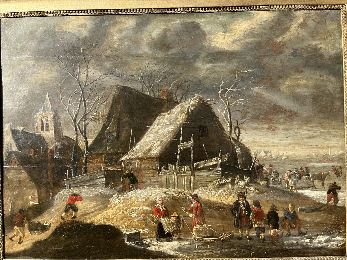 Winter Landscape With Skaters - Oil On Panel 17th Century-photo-3