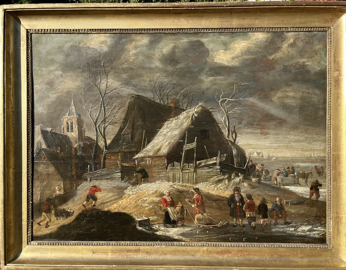 Winter Landscape With Skaters - Oil On Panel 17th Century-photo-4