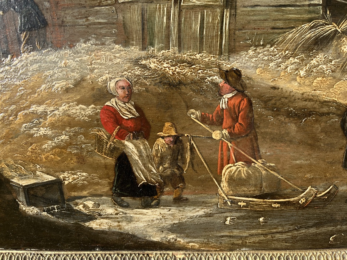 Winter Landscape With Skaters - Oil On Panel 17th Century-photo-5