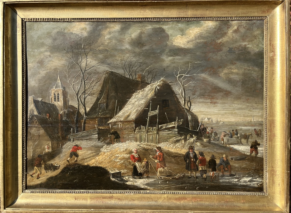 Winter Landscape With Skaters - Oil On Panel 17th Century