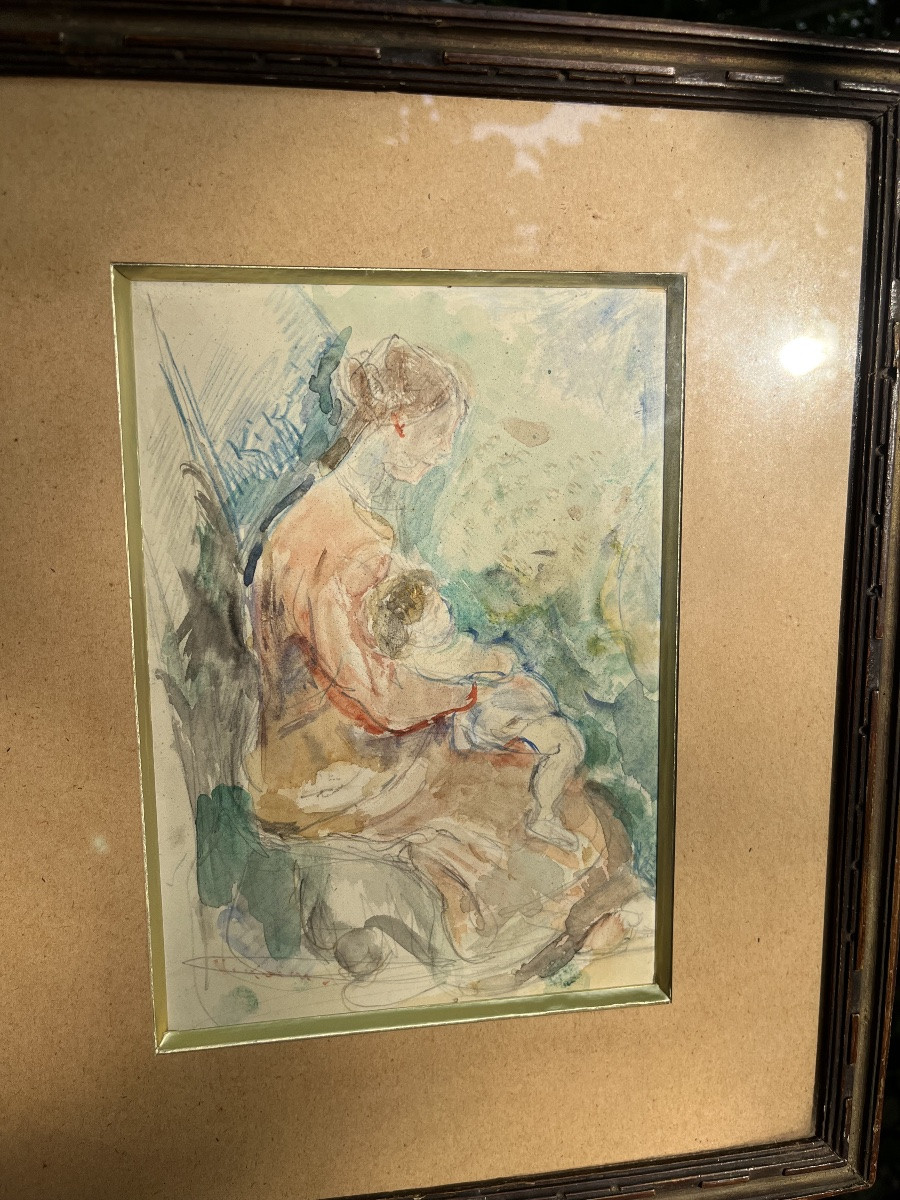 Watercolor Woman With Child By Michel Kikoîne -photo-3