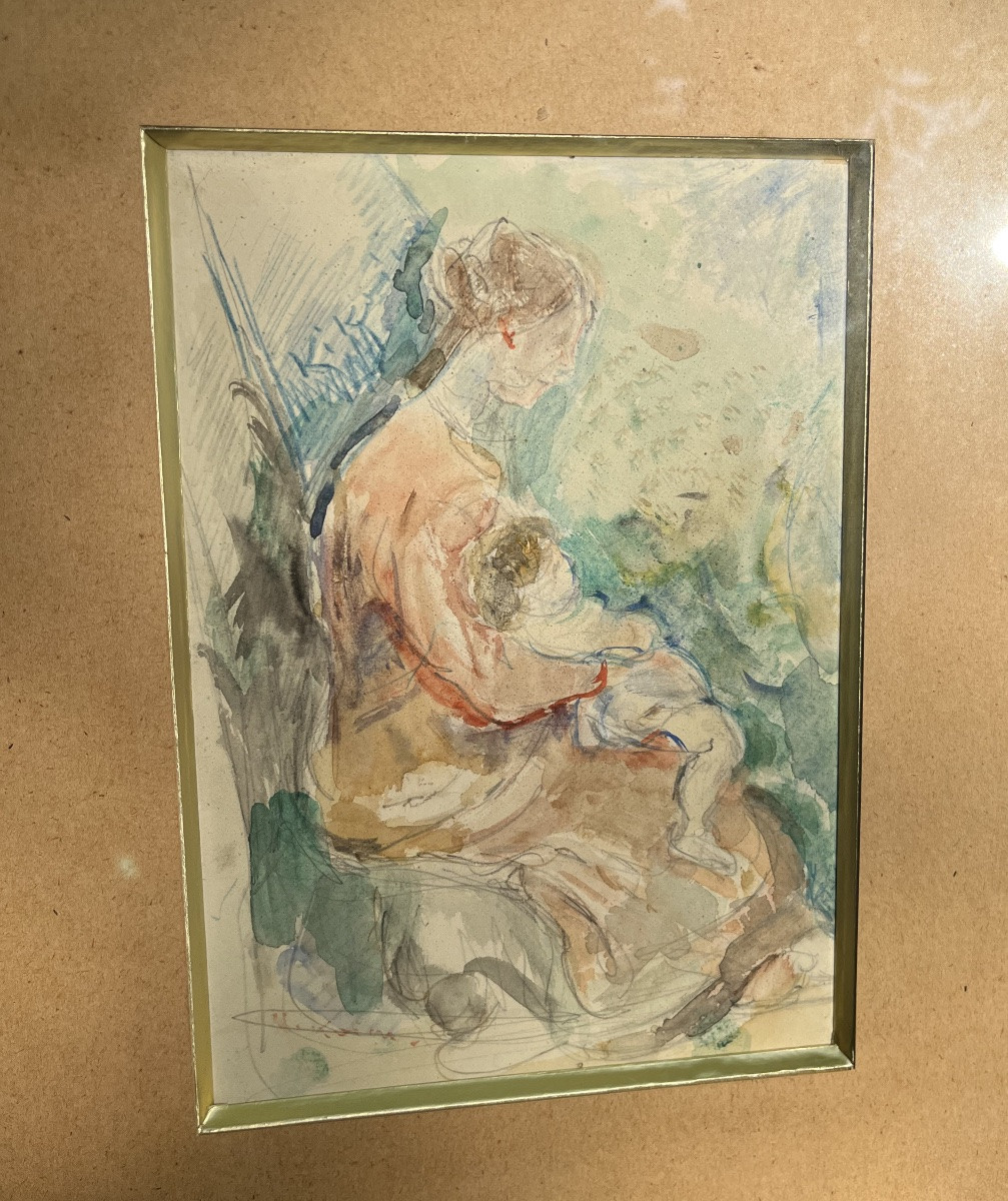 Watercolor Woman With Child By Michel Kikoîne -photo-3