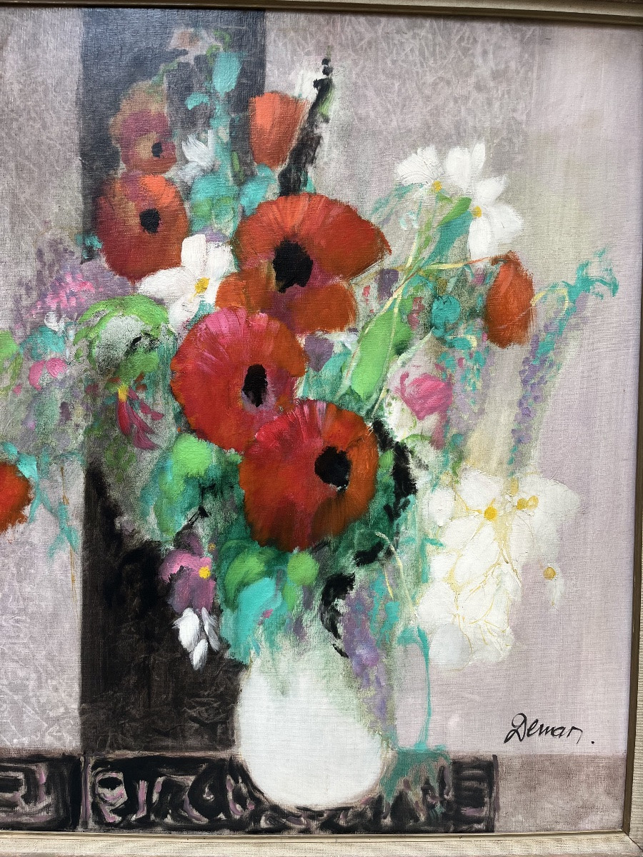 Oil On Canvas - Bouquet Of Poppies By Deman-photo-4