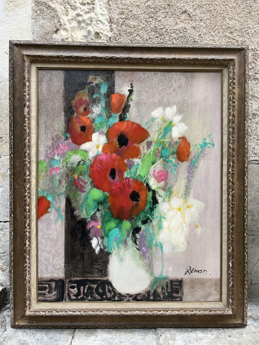 Oil On Canvas - Bouquet Of Poppies By Deman-photo-1