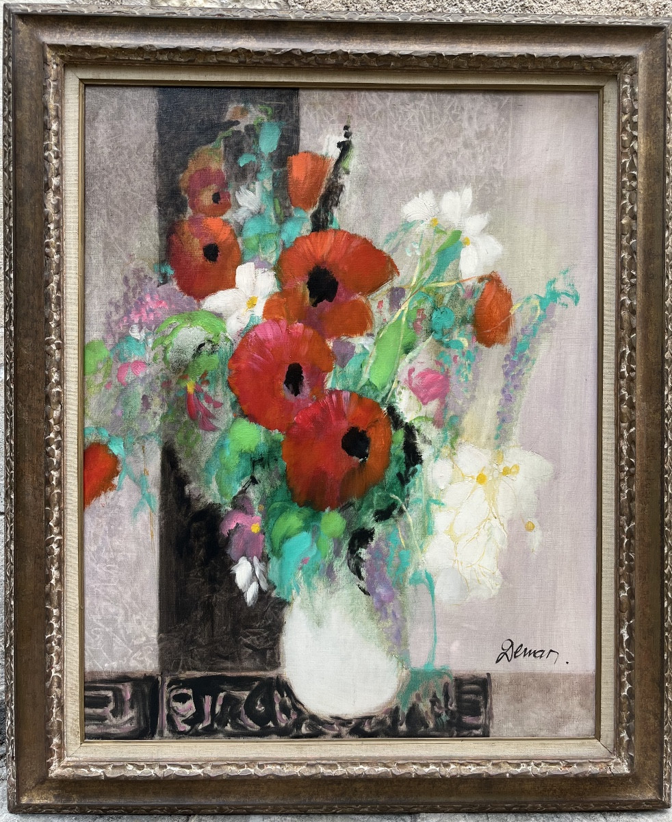 Oil On Canvas - Bouquet Of Poppies By Deman