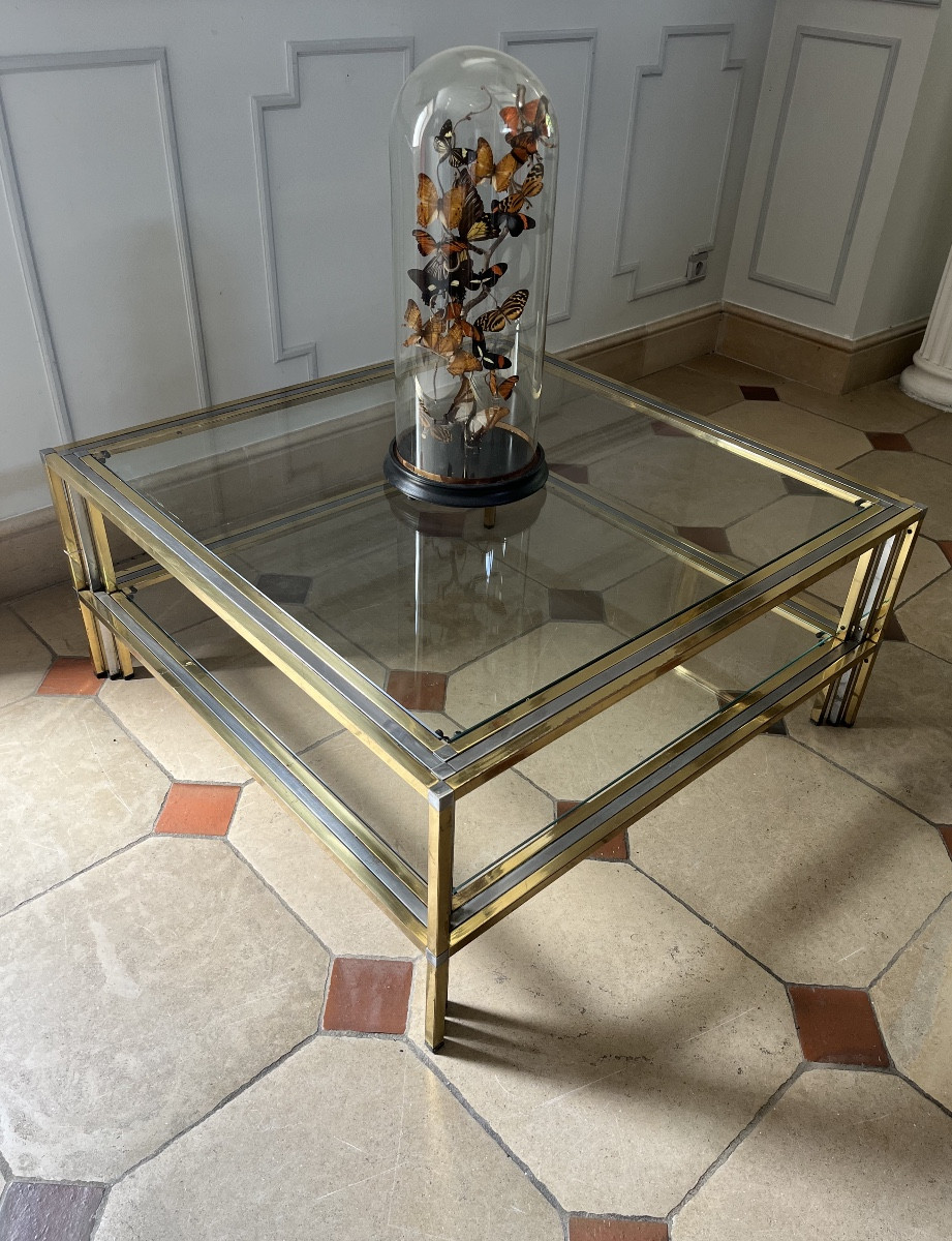 Table basse en métal chromé et argenté des années 80