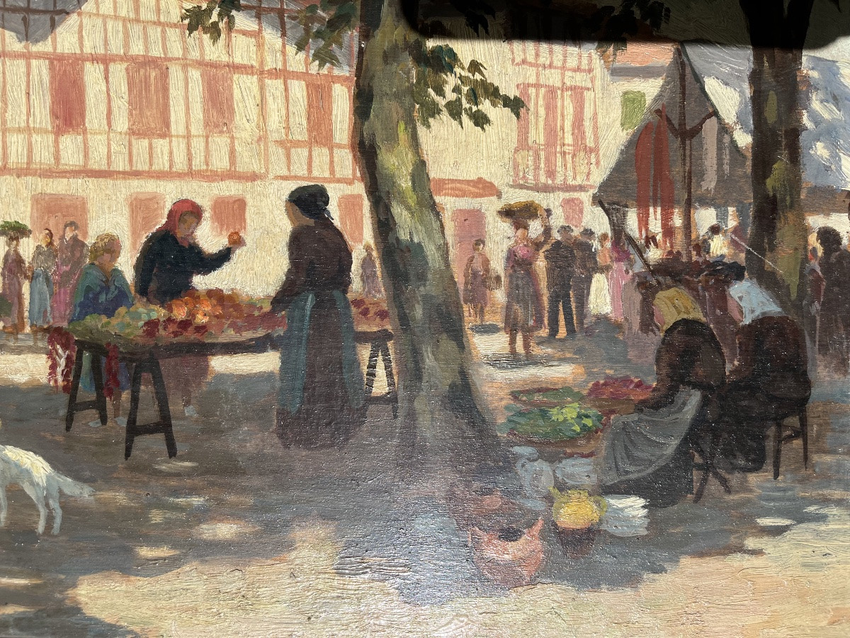 Market In Ustaritz - Oil On Panel By édouard Etchegoyen -photo-4