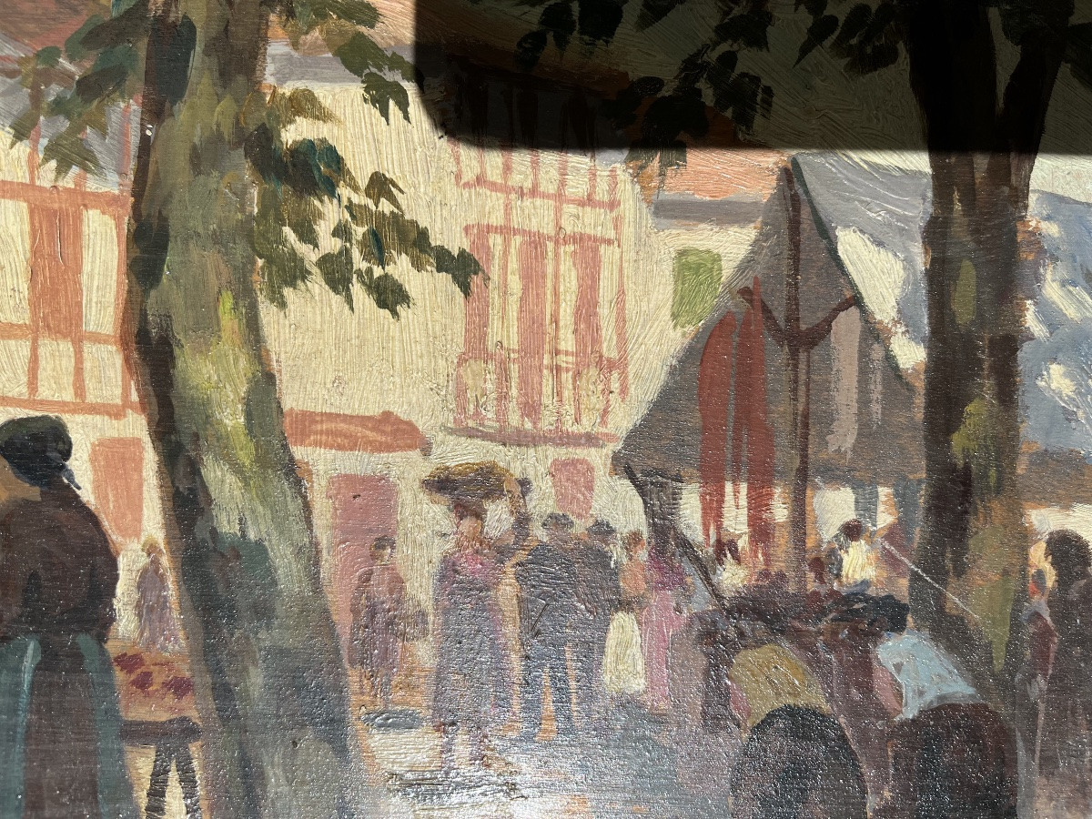 Market In Ustaritz - Oil On Panel By édouard Etchegoyen -photo-2