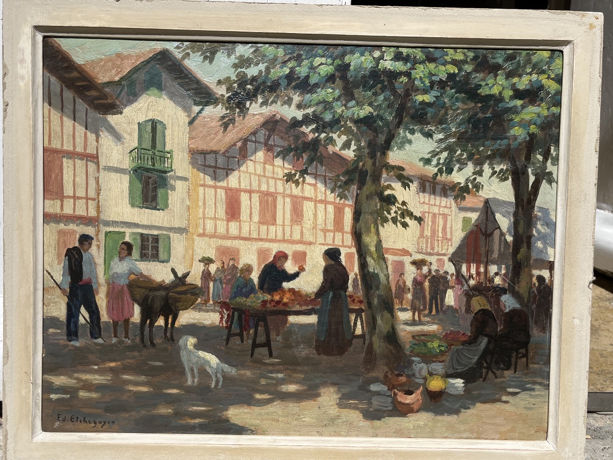 Market In Ustaritz - Oil On Panel By édouard Etchegoyen -photo-6