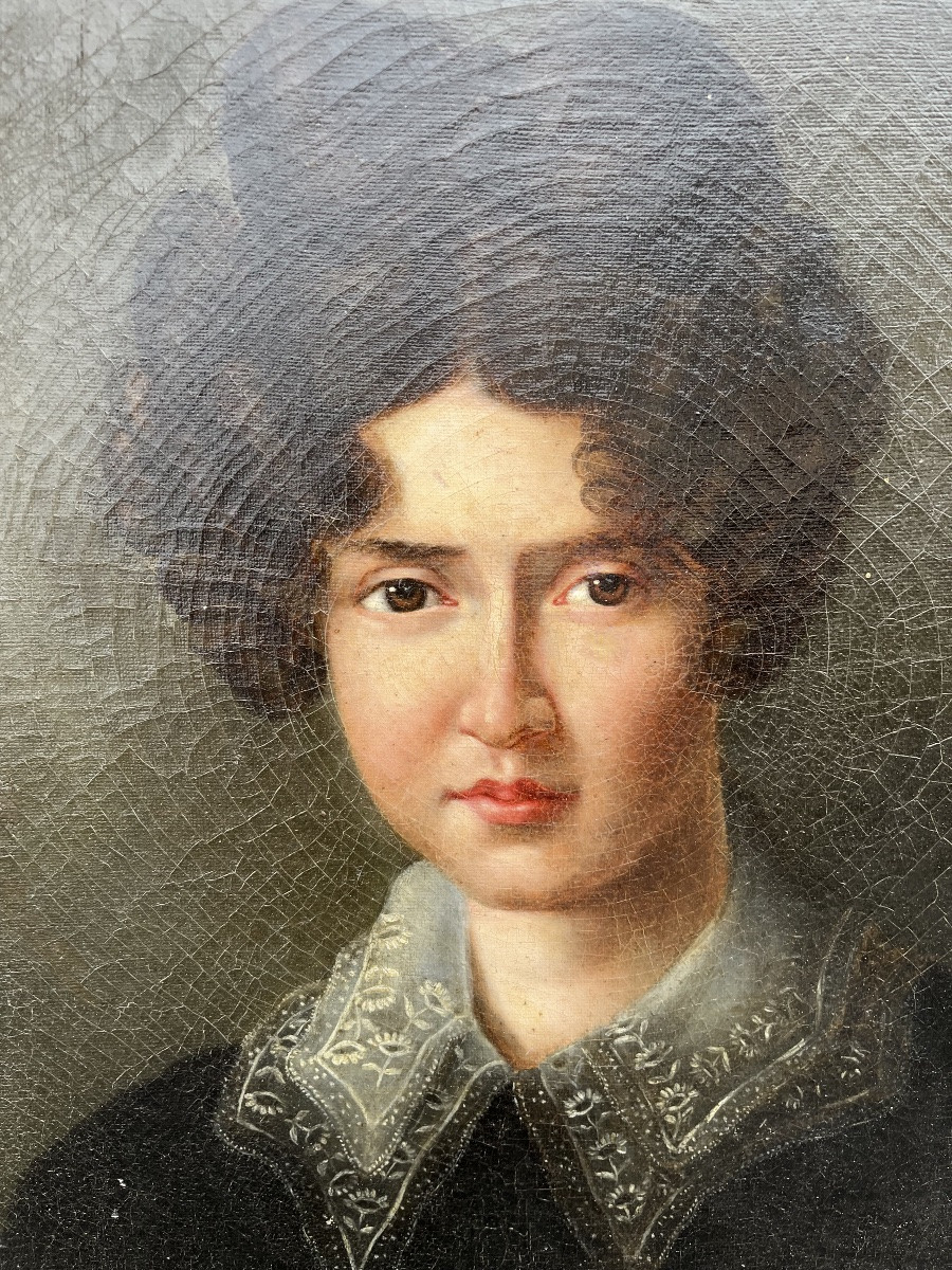 Oil On Canvas - Woman With Embroidered Collar 19th Century -photo-2