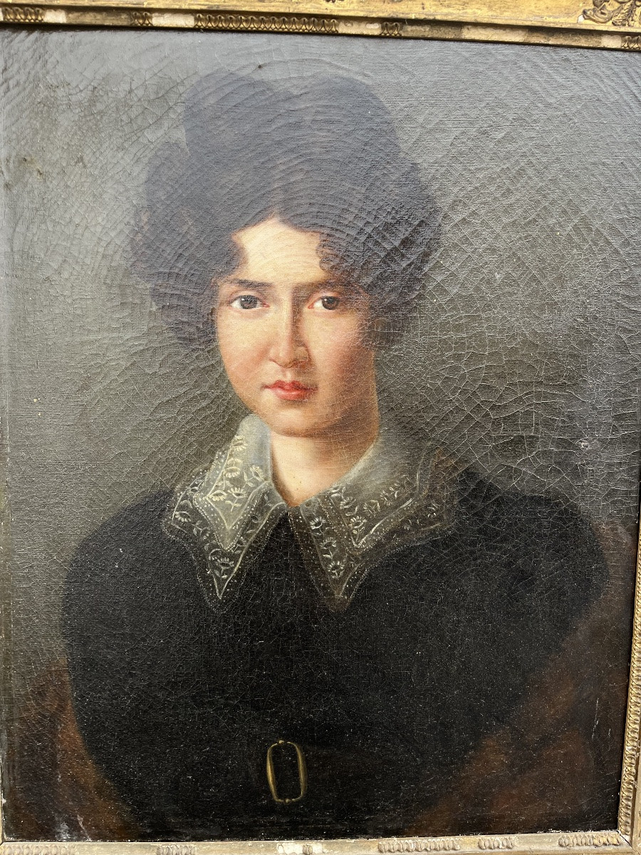 Oil On Canvas - Woman With Embroidered Collar 19th Century -photo-4
