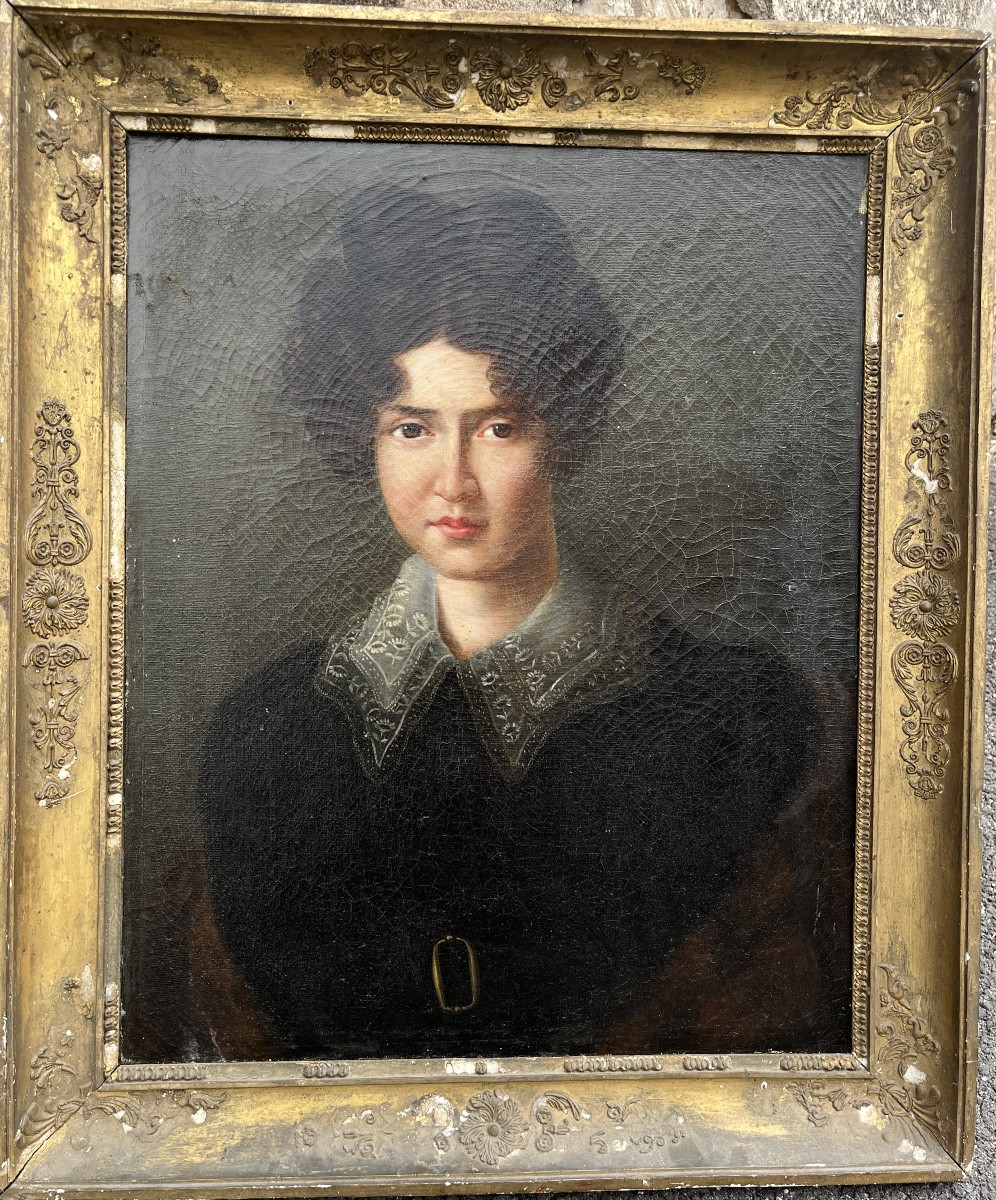 Oil On Canvas - Woman With Embroidered Collar 19th Century 