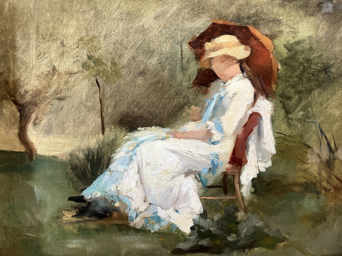 Elegant Woman With A Parasol - Oil On Panel 1900-photo-3