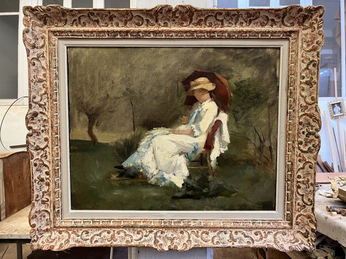 Elegant Woman With A Parasol - Oil On Panel 1900-photo-1