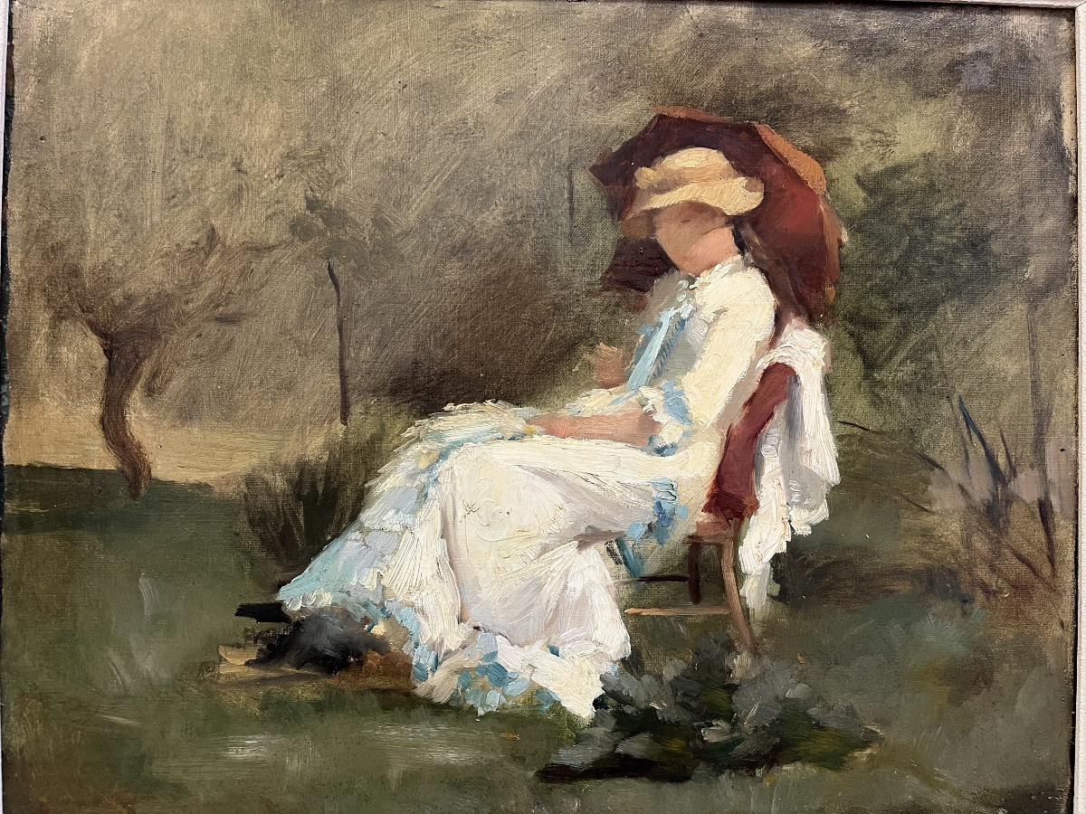 Elegant Woman With A Parasol - Oil On Panel 1900-photo-2
