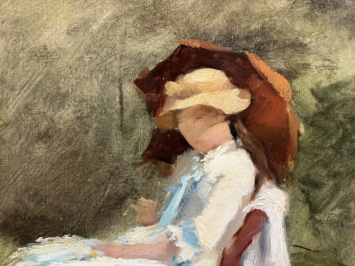 Elegant Woman With A Parasol - Oil On Panel 1900-photo-4