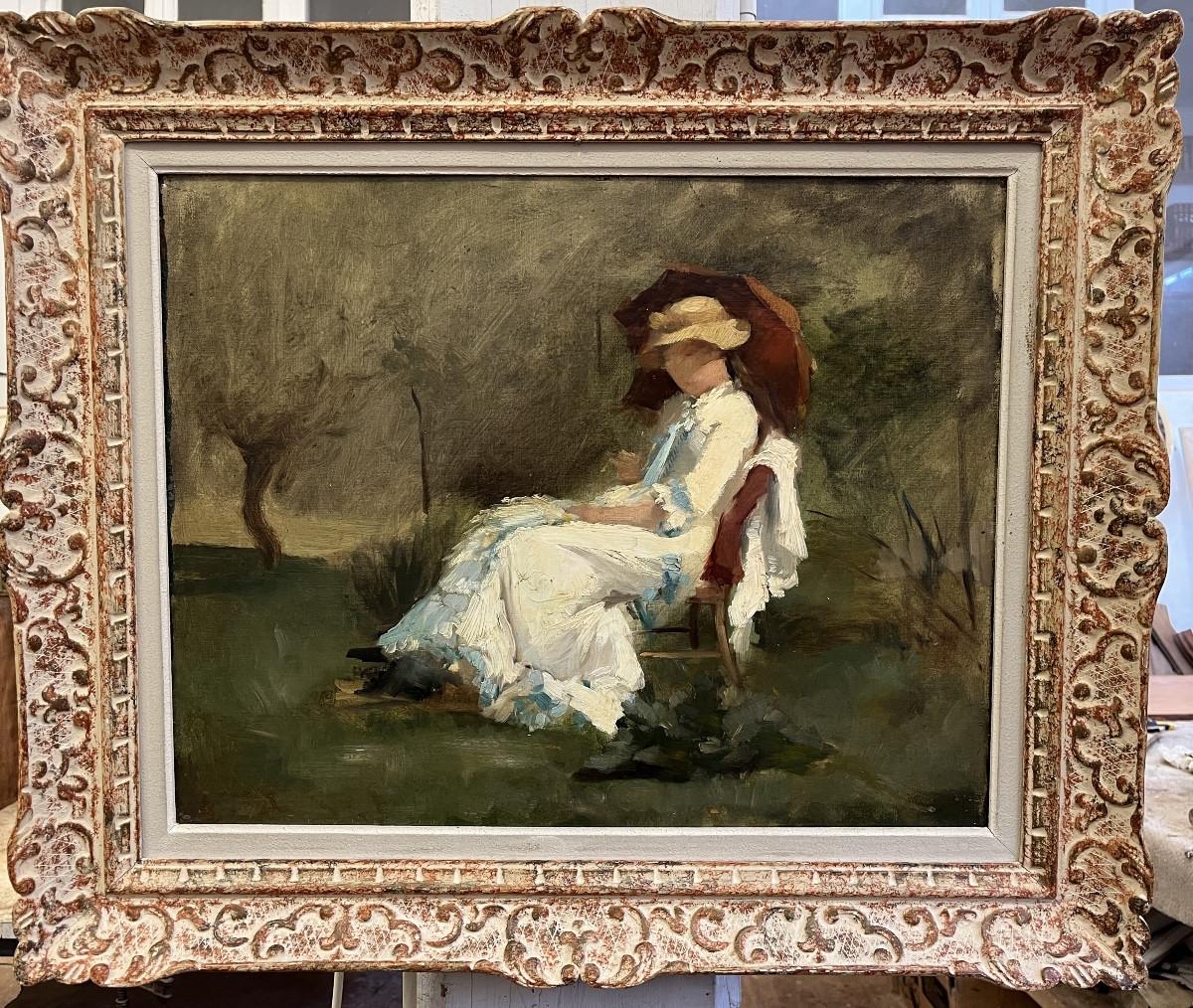 Elegant Woman With A Parasol - Oil On Panel 1900