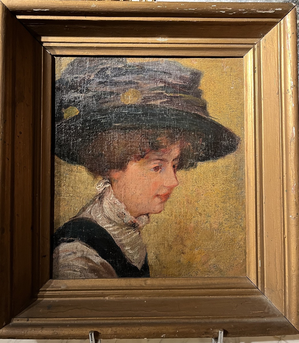 Elégante au chapeau - huile sur toile époque 1900-photo-7