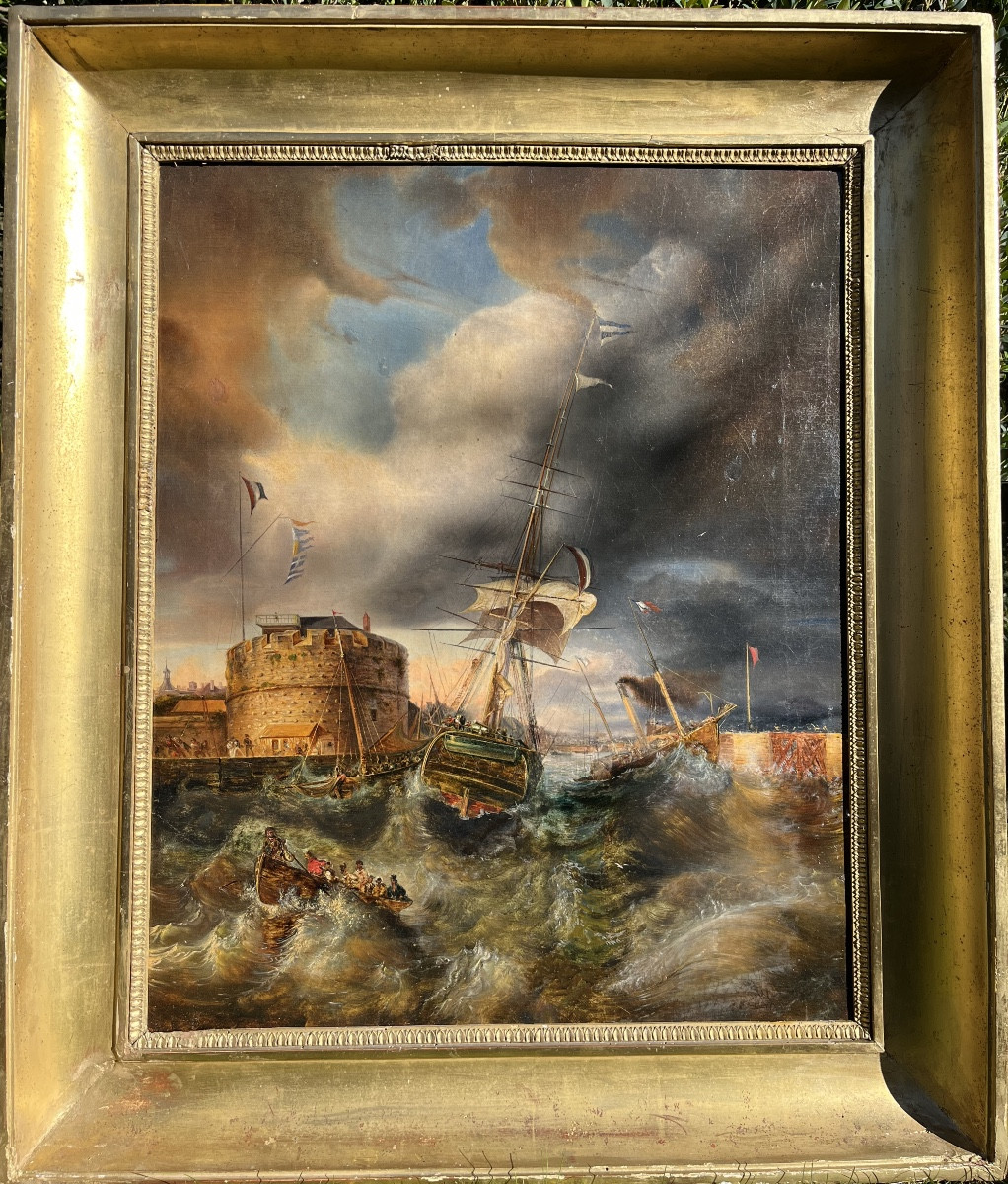 Entrance To The Port Of Le Havre - Oil On Canvas, 19th Century