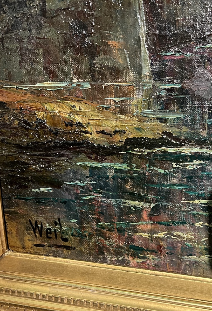 Marin pêcheur au clair de lune Huile sur toile Signée Weil-photo-3