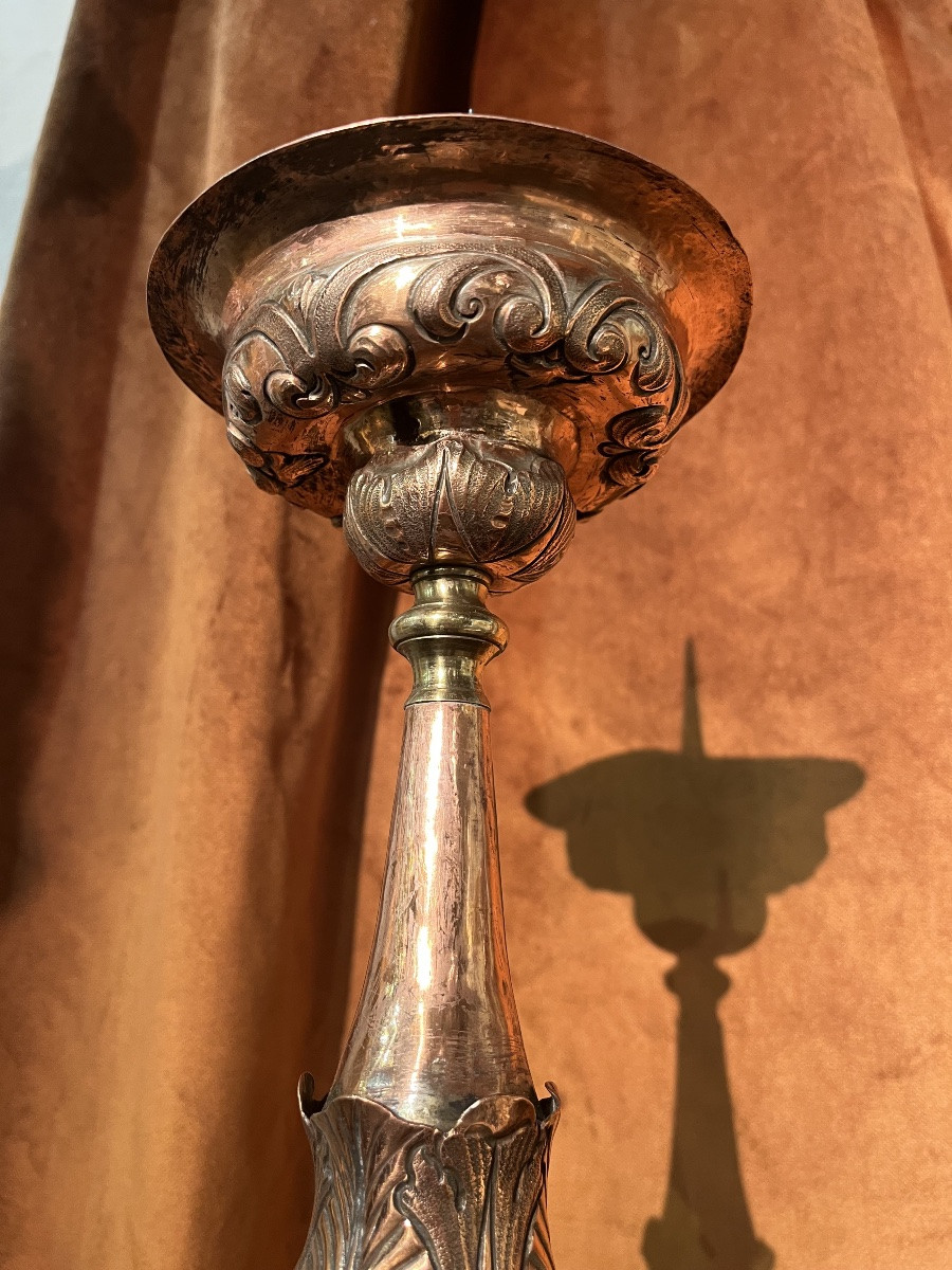 Pair Of Repoussé Copper Candlesticks From The 18th Century-photo-4