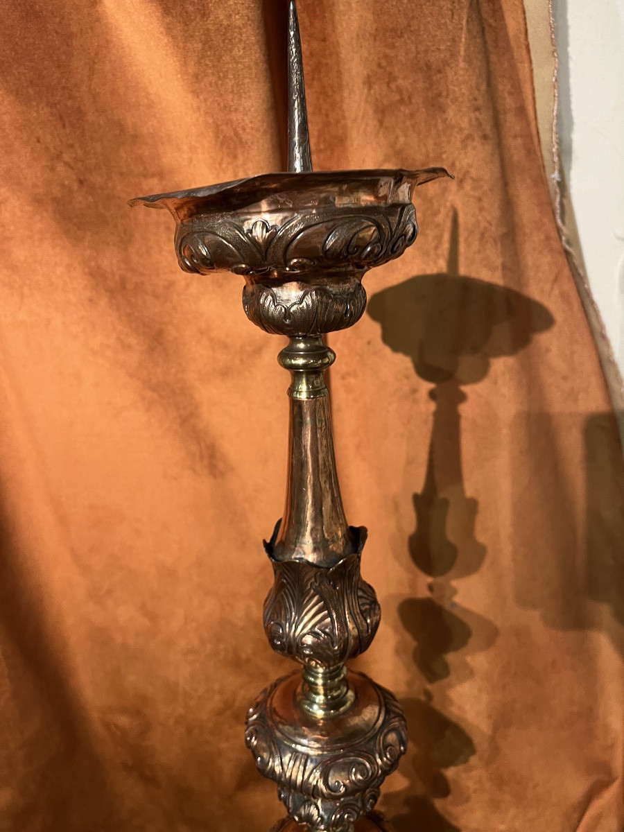 Pair Of Repoussé Copper Candlesticks From The 18th Century-photo-6