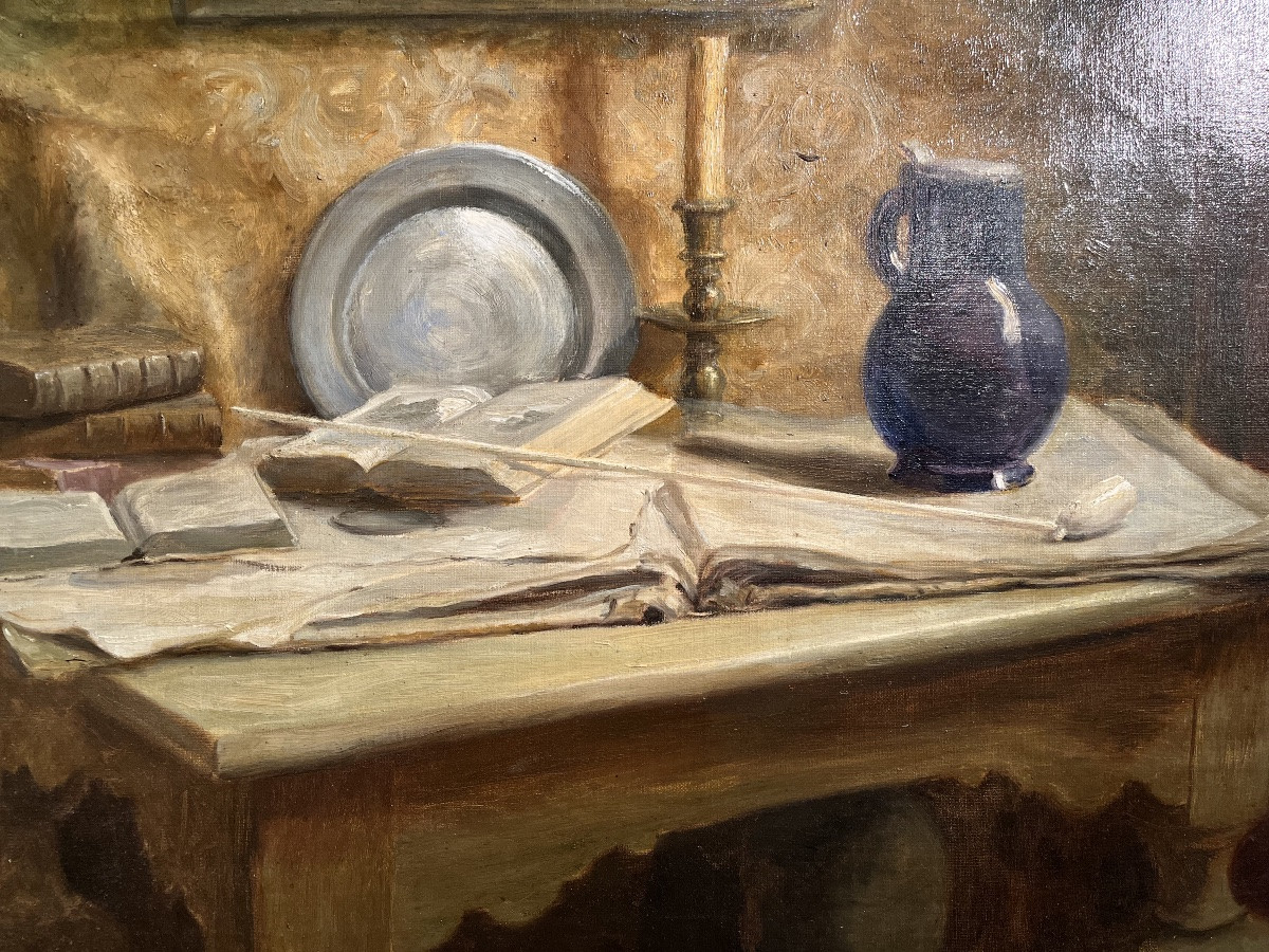 Still Life With A Meerschaum Pipe - Oil On Canvas, 19th Century-photo-1