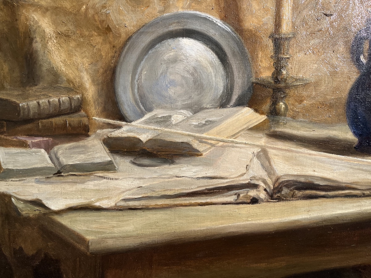 Still Life With A Meerschaum Pipe - Oil On Canvas, 19th Century-photo-2