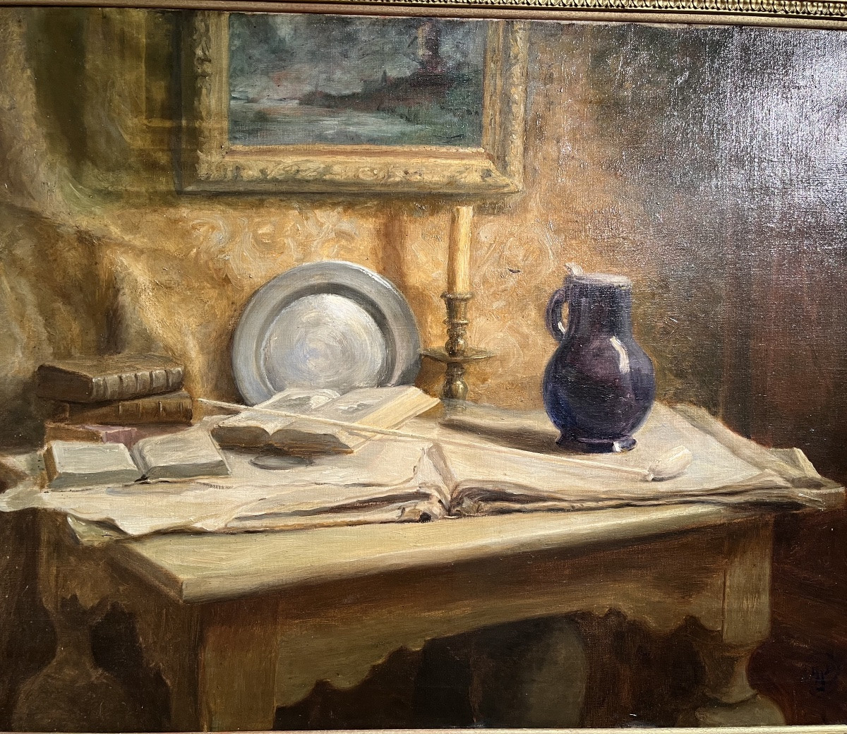 Still Life With A Meerschaum Pipe - Oil On Canvas, 19th Century-photo-4