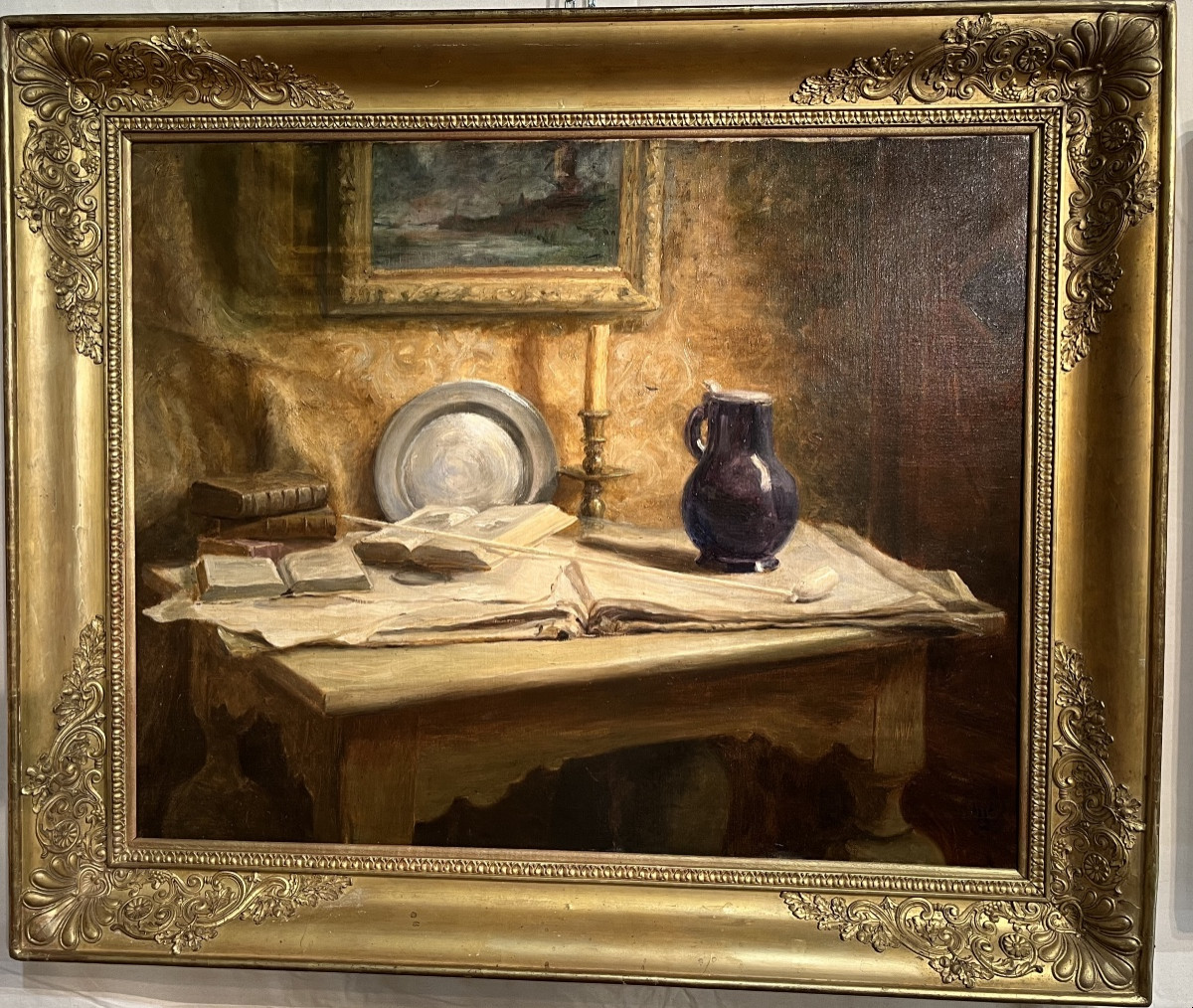 Still Life With A Meerschaum Pipe - Oil On Canvas, 19th Century