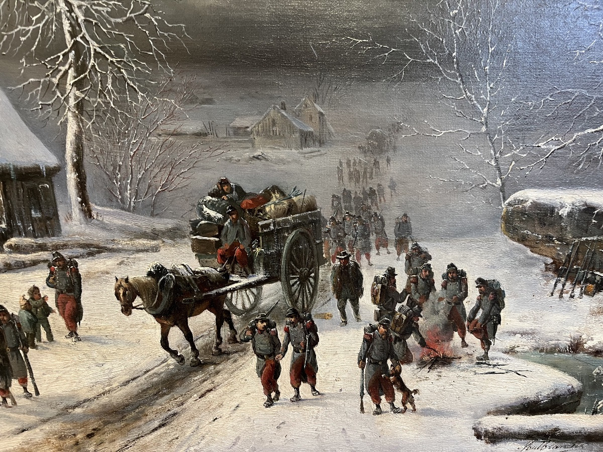 Oil On Canvas - Military Convoy In A Village, Signed Malbranche -photo-2