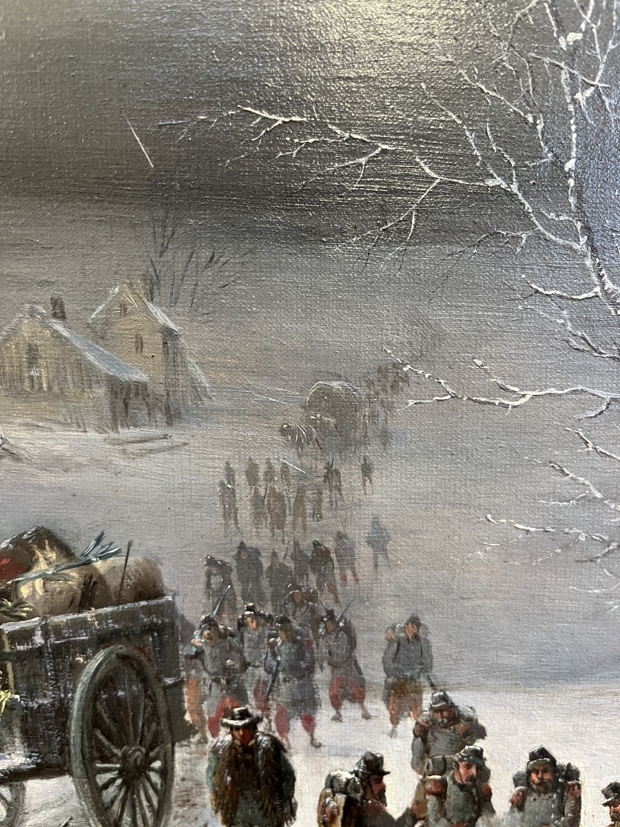 Oil On Canvas - Military Convoy In A Village, Signed Malbranche -photo-4