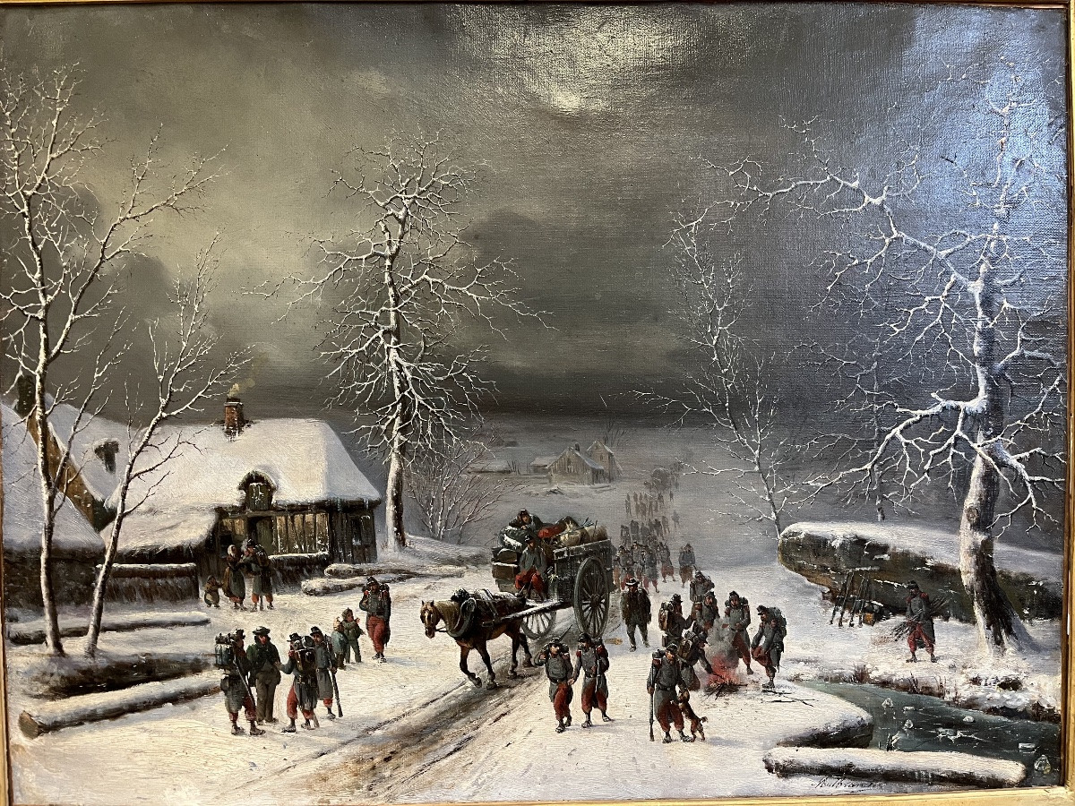 Oil On Canvas - Military Convoy In A Village, Signed Malbranche -photo-8