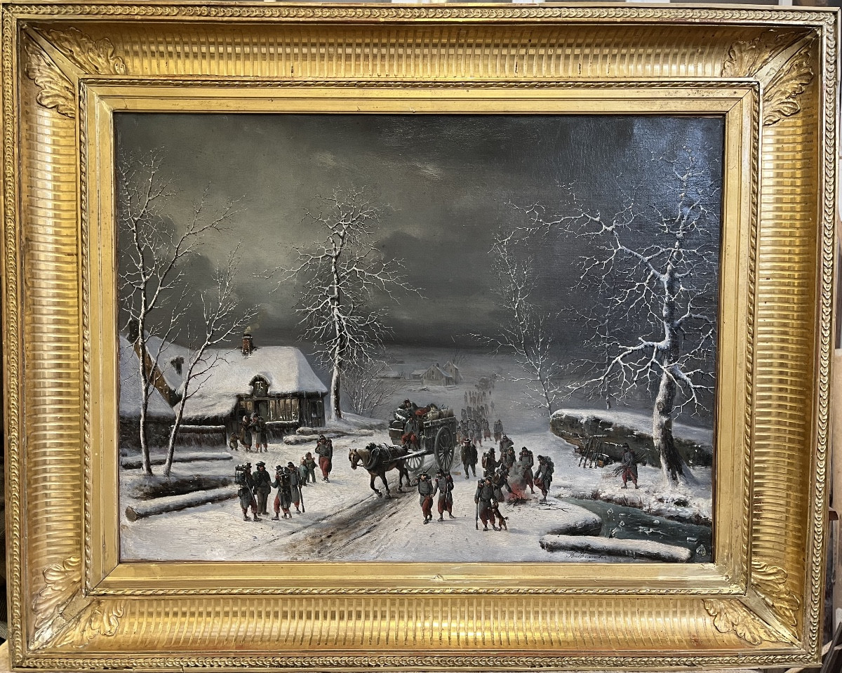 Oil On Canvas - Military Convoy In A Village, Signed Malbranche 
