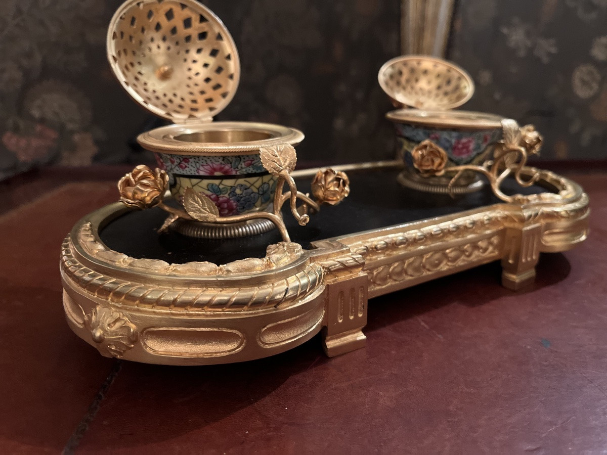 Encrier en bronze et porcelaine NIII -photo-2