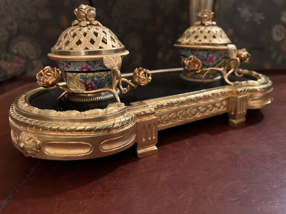 Encrier en bronze et porcelaine NIII -photo-1