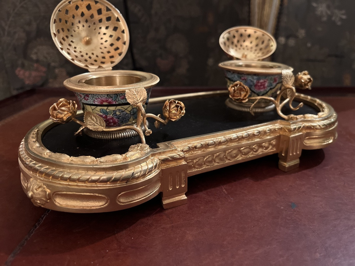 Encrier en bronze et porcelaine NIII -photo-3