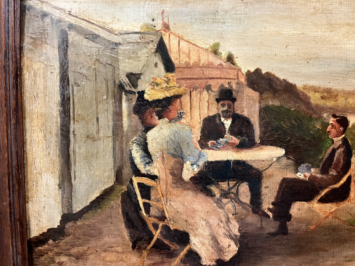 Partie de cartes à la plage - huile sur toile marouflée sur carton vers 1920-photo-2