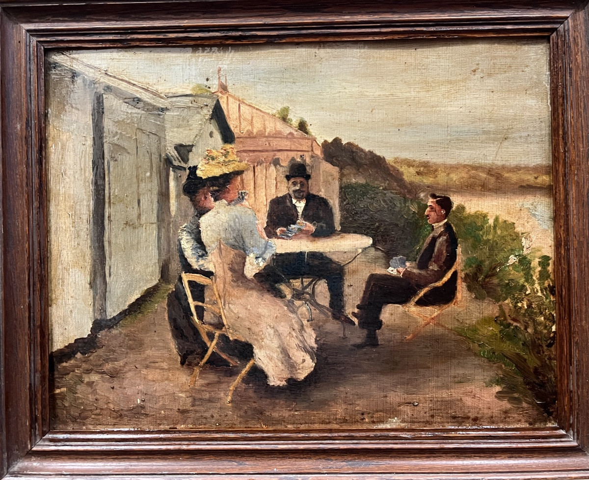 Partie de cartes à la plage - huile sur toile marouflée sur carton vers 1920