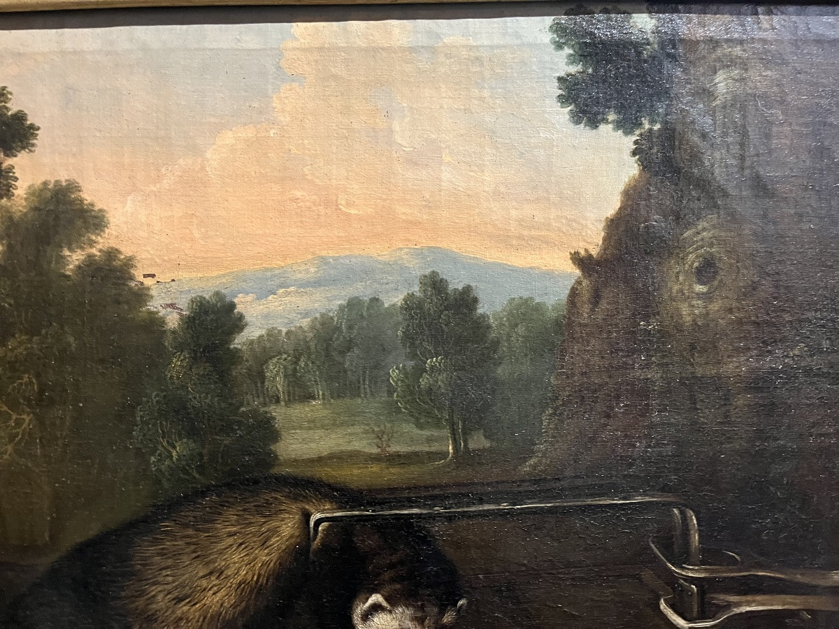 The Trapped Badger - Oil On Canvas, 18th Century-photo-3
